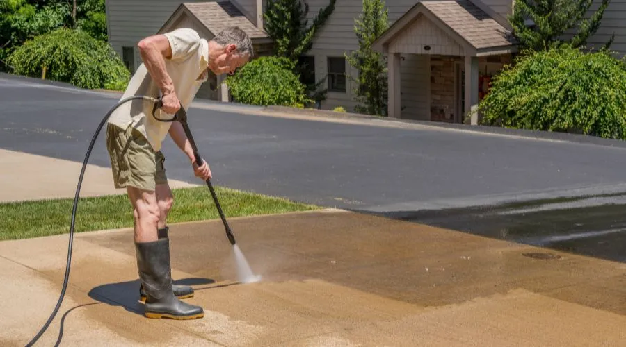 A person power washing their driveway