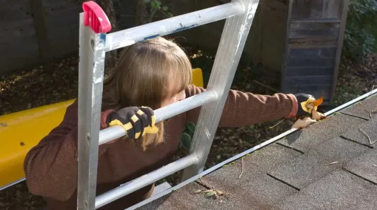 A woman on a ladder cleaning leaves from a gutter