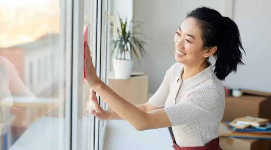 A woman cleaning the inside of windows