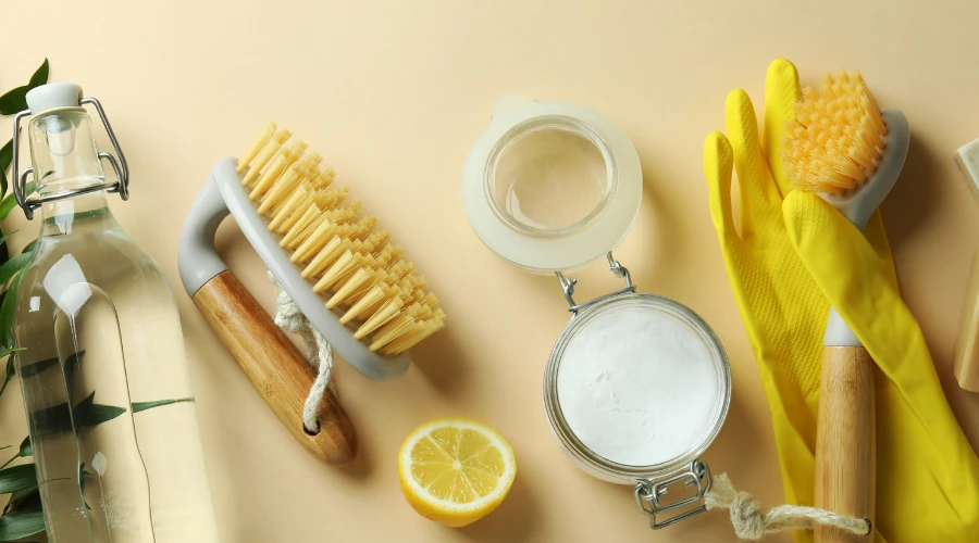 eco-friendly cleaning supplies laid out on table