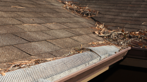 Leaves and debris on top of gutter cover